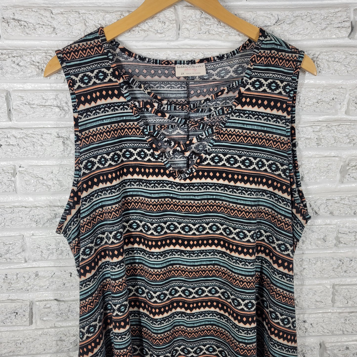 Bobbie Brooks 2X Dress Tunic Mini Pink Black Geometric Sleeveless GEO85XE