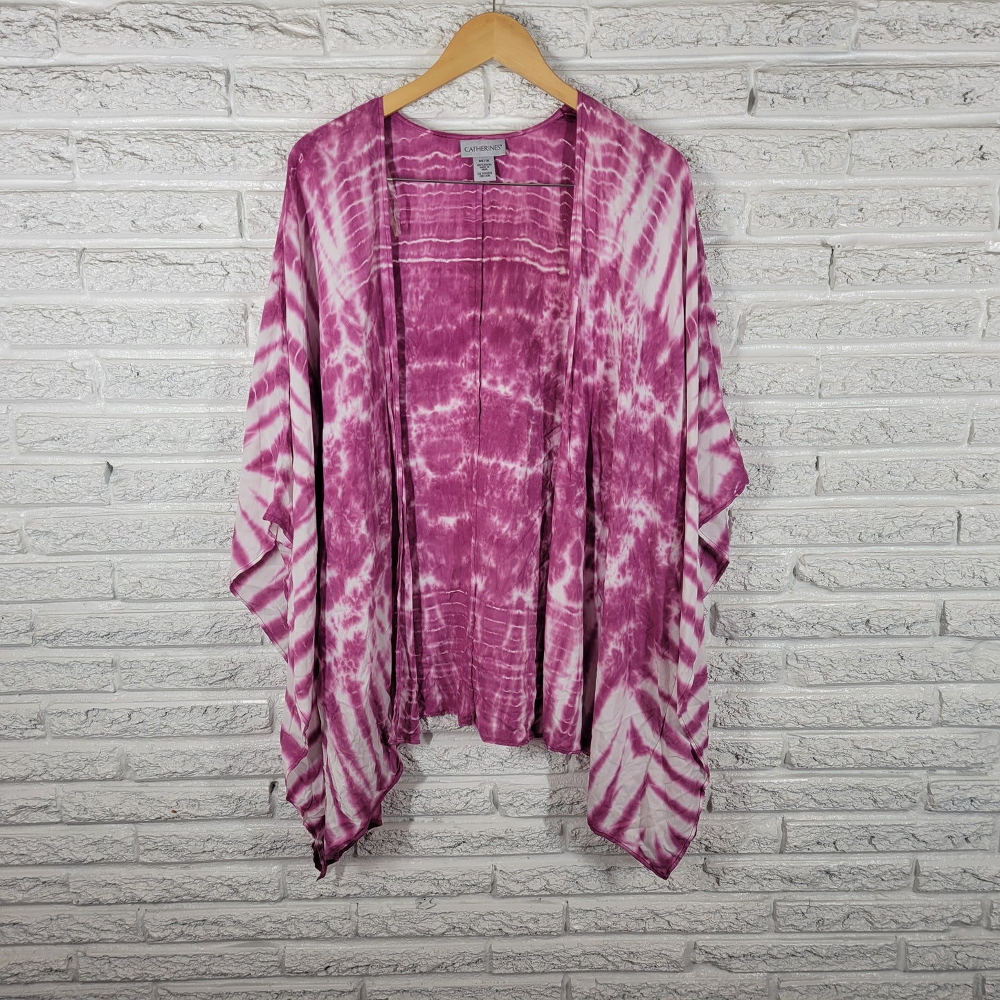 Catherines Women 0X 1X Top Purple Tie Dye Kimono Sleeve Open Blouse Rayon TIE1E