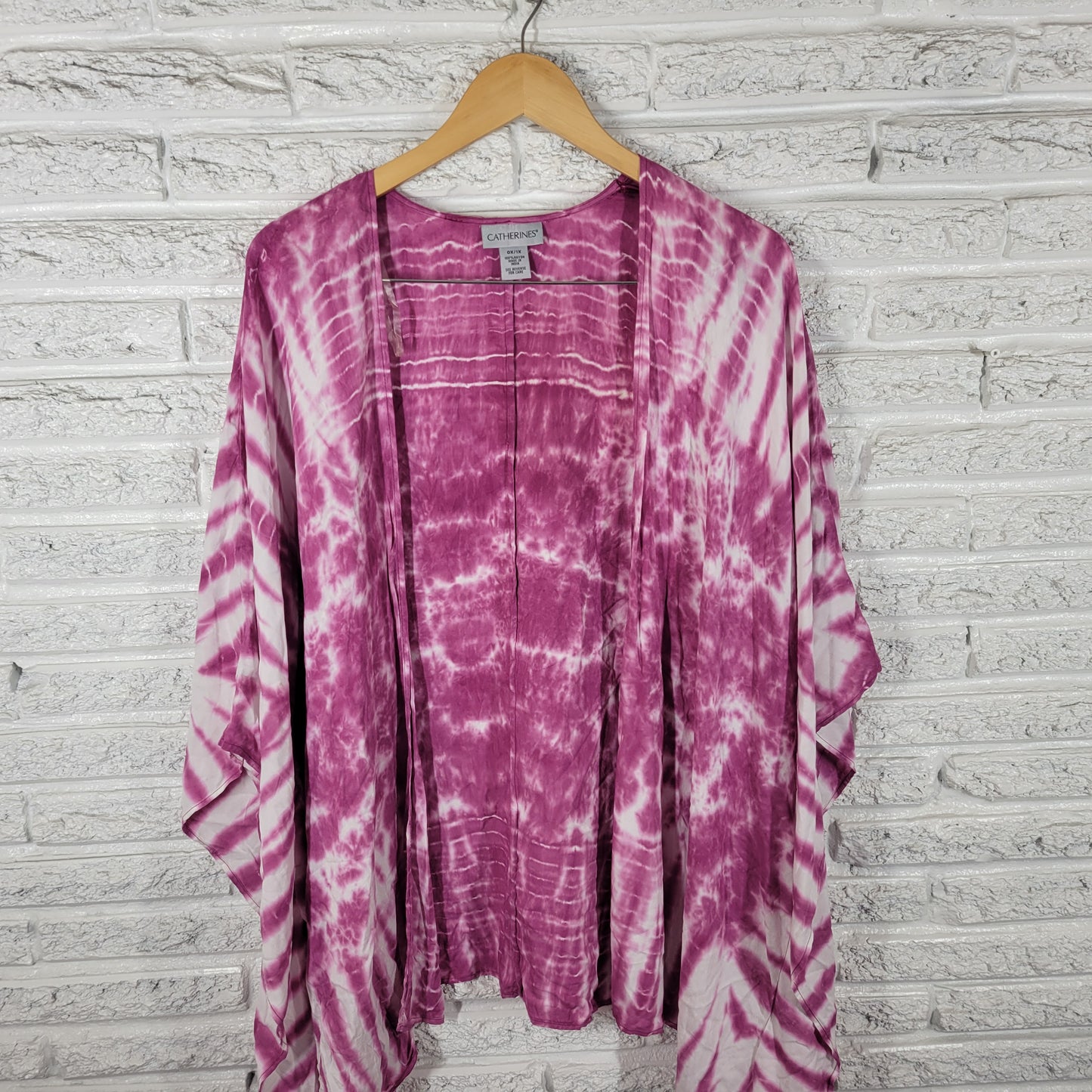 Catherines Women 0X 1X Top Purple Tie Dye Kimono Sleeve Open Blouse Rayon TIE1E
