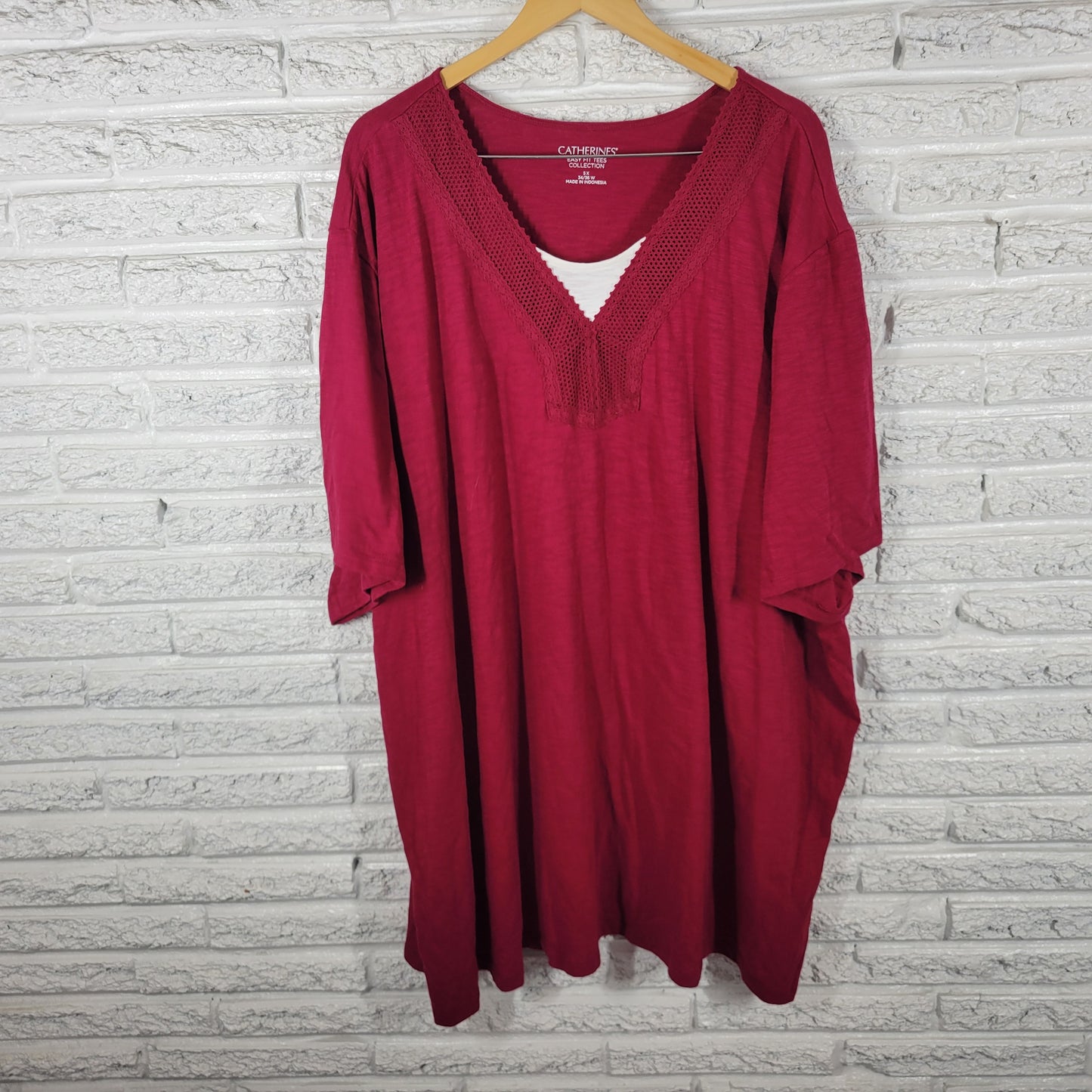 Catherines Easy Fit Women 5X Tee Tunic Red Crochet Trim Cotton RED26E