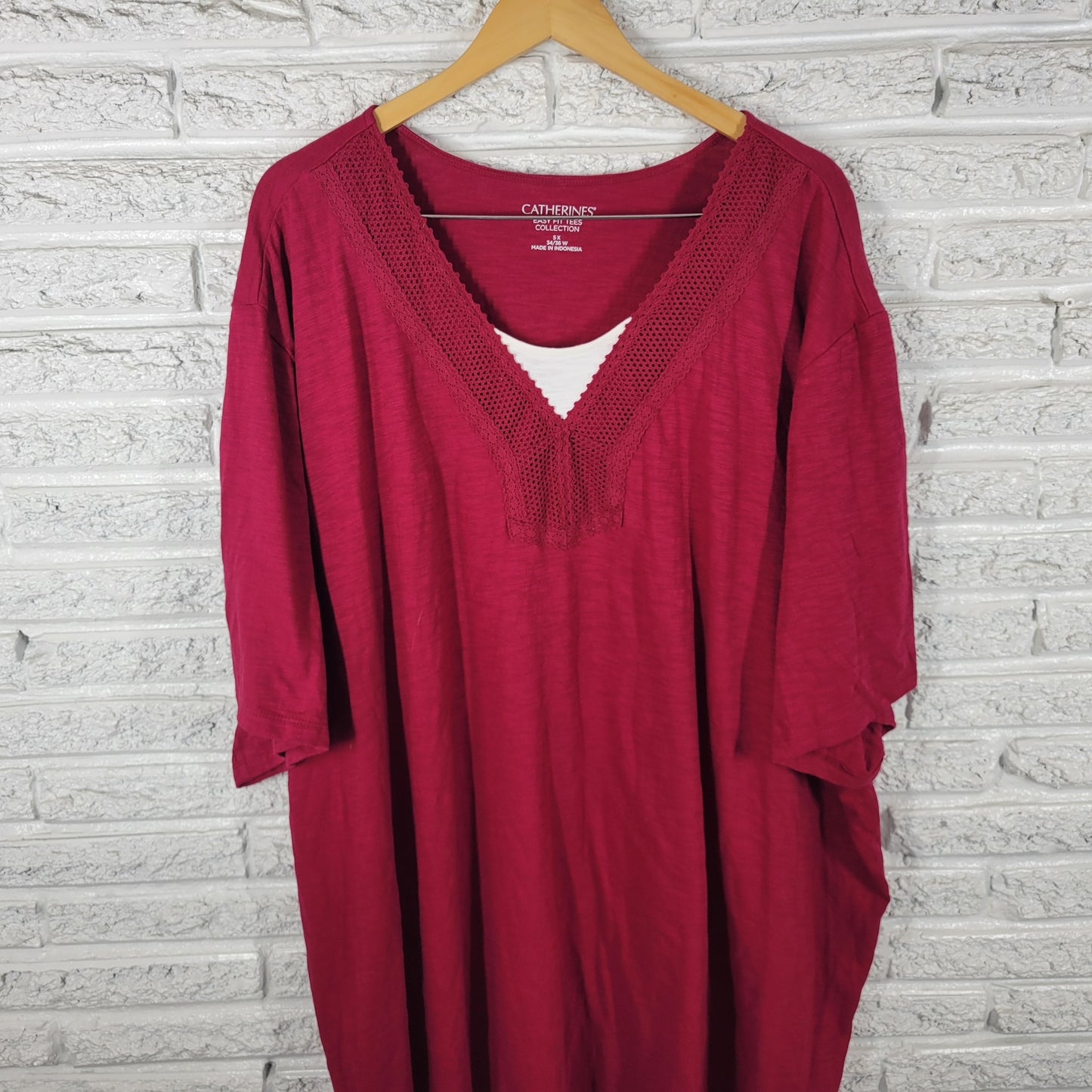 Catherines Easy Fit Women 5X Tee Tunic Red Crochet Trim Cotton RED26E