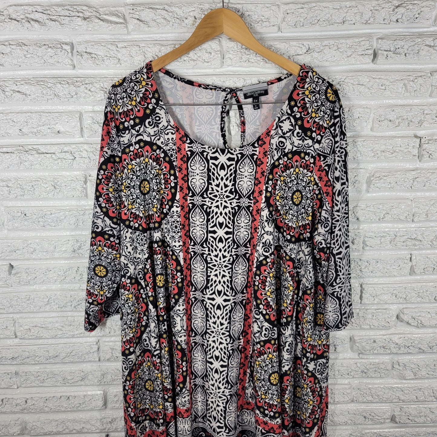 Allison Brittney Women 3X Shirt Dress Black Red Geometric Keyhole GEO84E