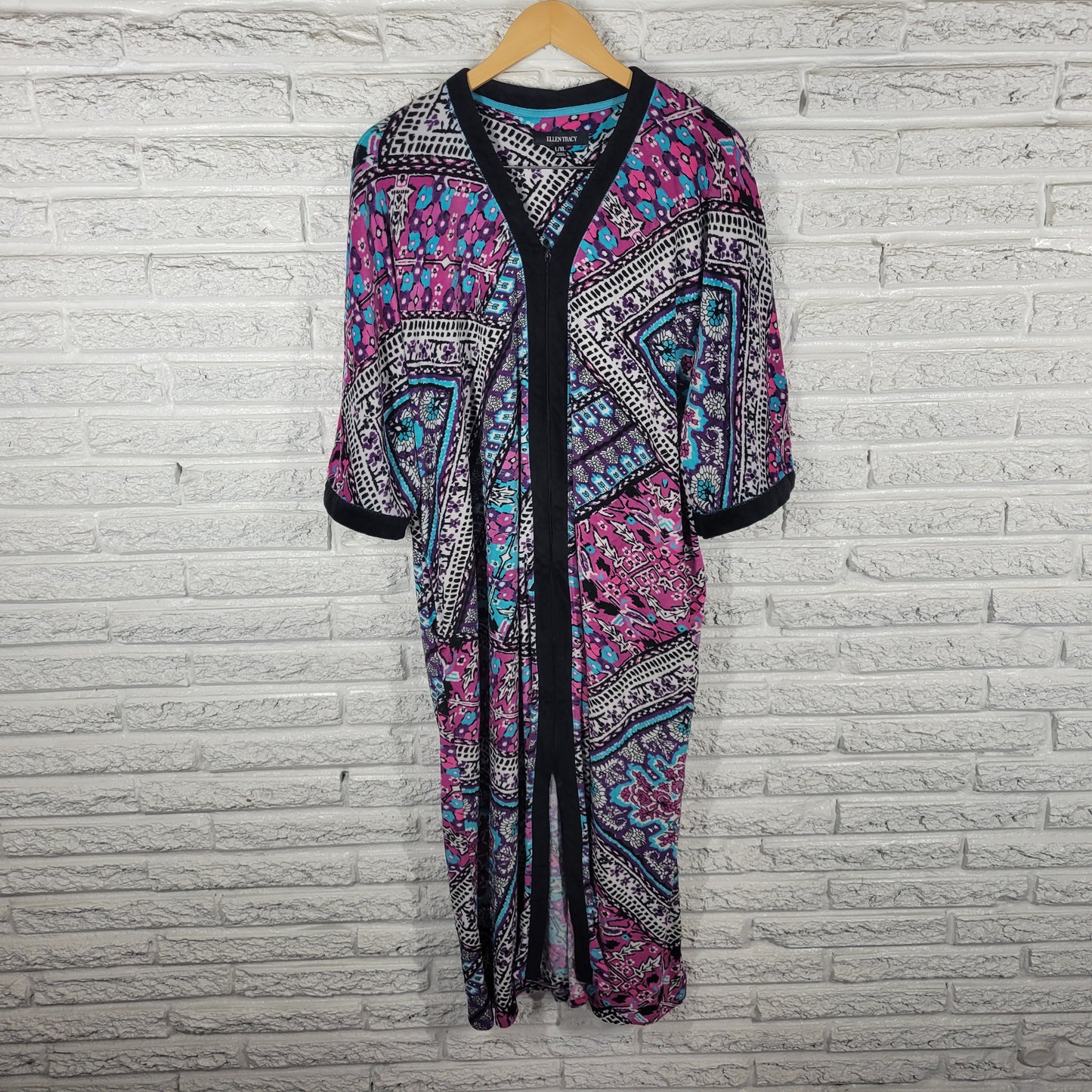 Ellen Tracy Robe L XL Womens Purple Blue Geometric Fleece Full Zip GEO194E