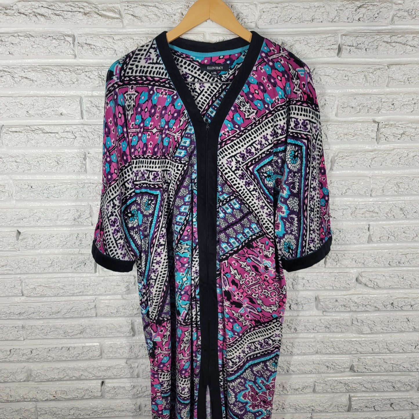 Ellen Tracy Robe L XL Womens Purple Blue Geometric Fleece Full Zip GEO194E
