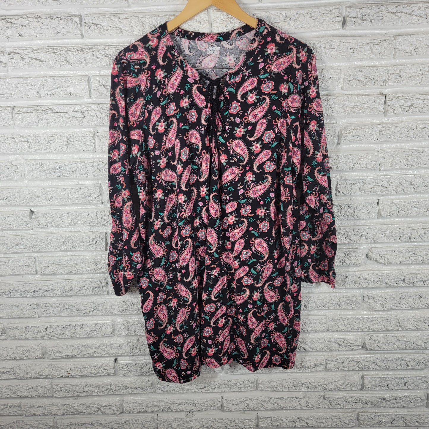 Lands End 1X Tunic Top Pink Black Paisley Cotton V-Neck Long Sleeve PAI9E