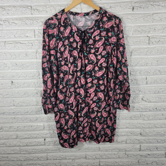 Lands End 1X Tunic Top Pink Black Paisley Cotton V-Neck Long Sleeve PAI9E