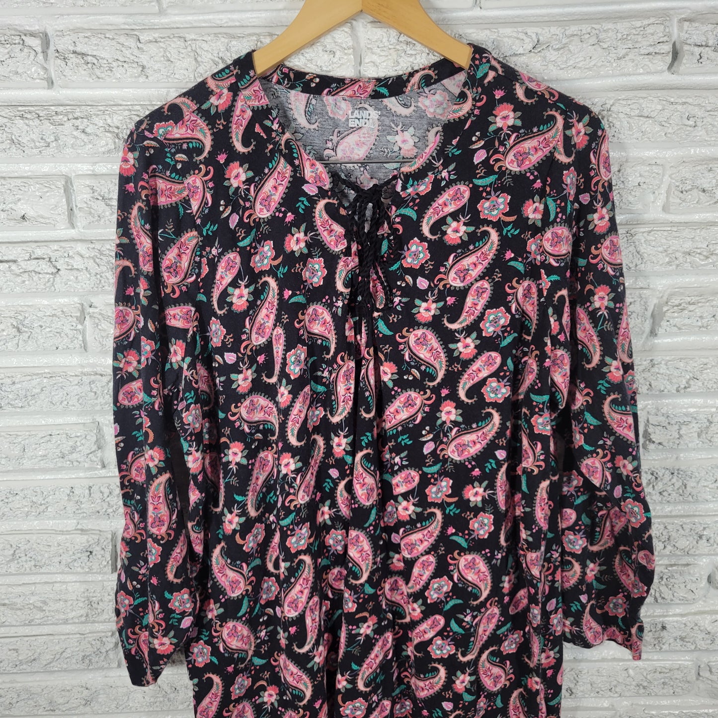 Lands End 1X Tunic Top Pink Black Paisley Cotton V-Neck Long Sleeve PAI9E