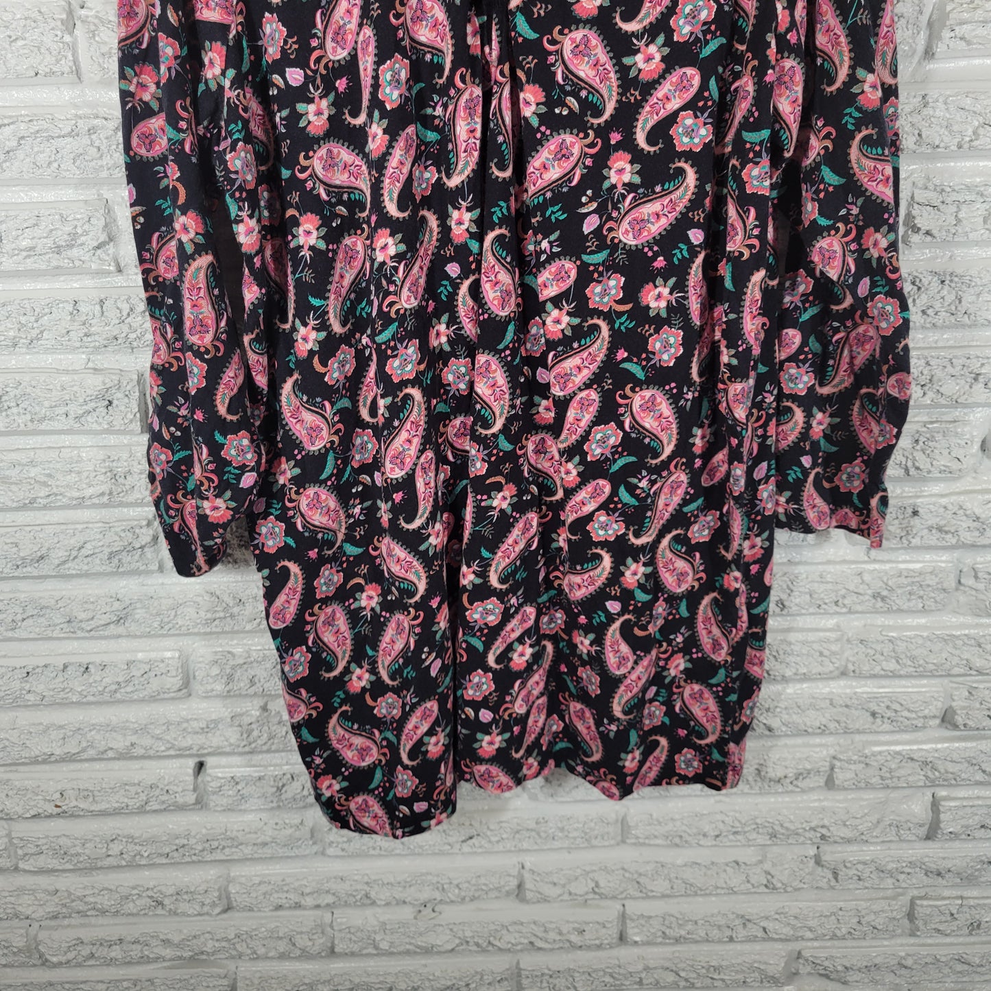 Lands End 1X Tunic Top Pink Black Paisley Cotton V-Neck Long Sleeve PAI9E