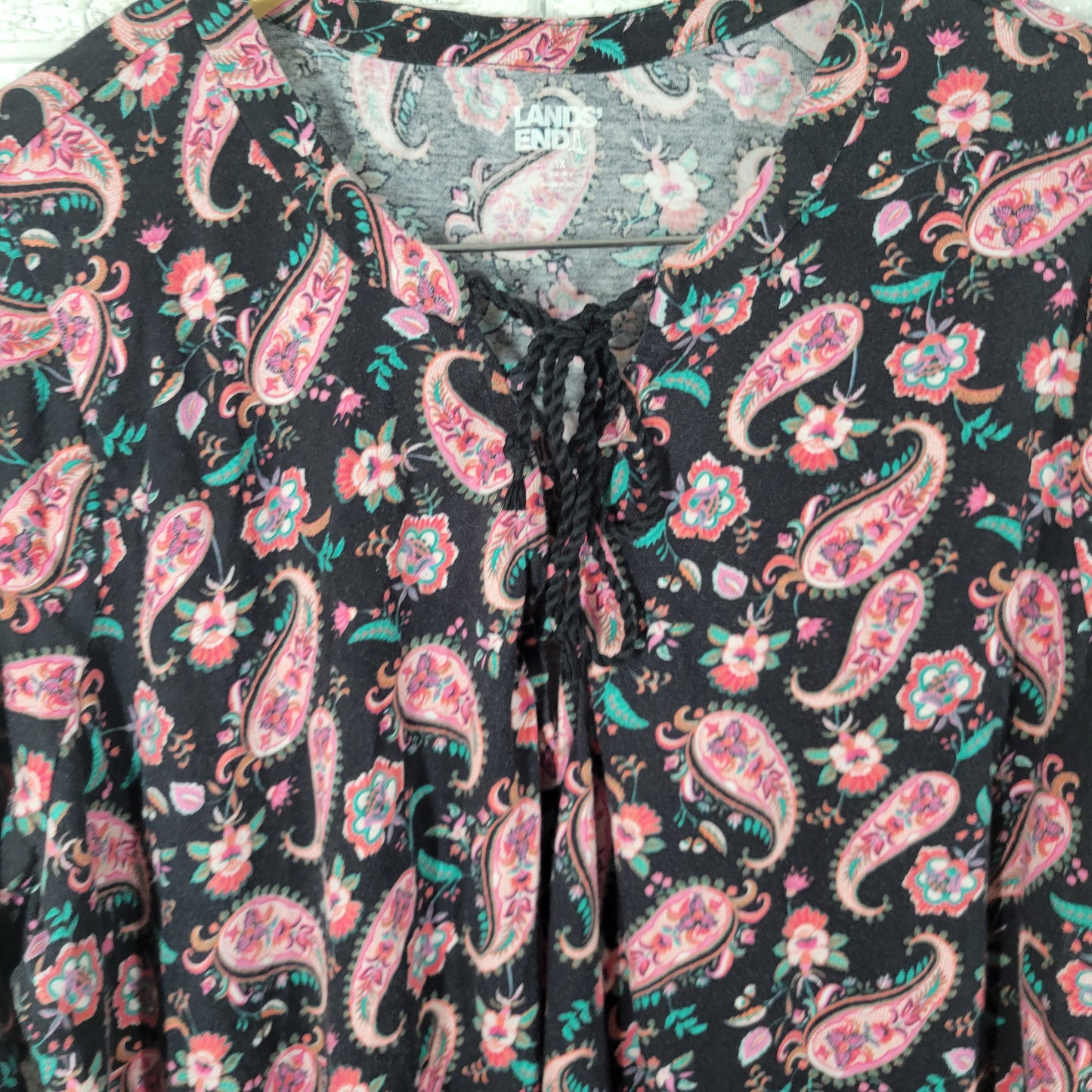 Lands End 1X Tunic Top Pink Black Paisley Cotton V-Neck Long Sleeve PAI9E