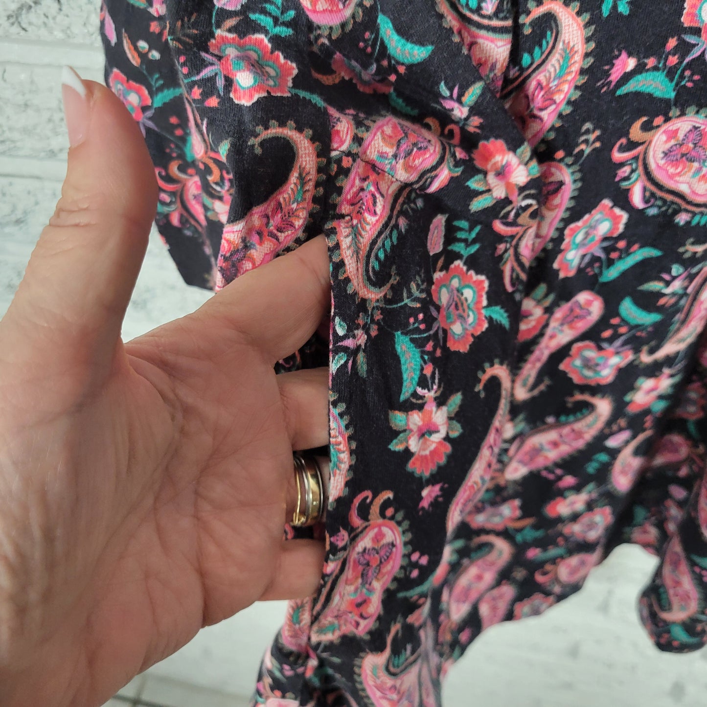 Lands End 1X Tunic Top Pink Black Paisley Cotton V-Neck Long Sleeve PAI9E