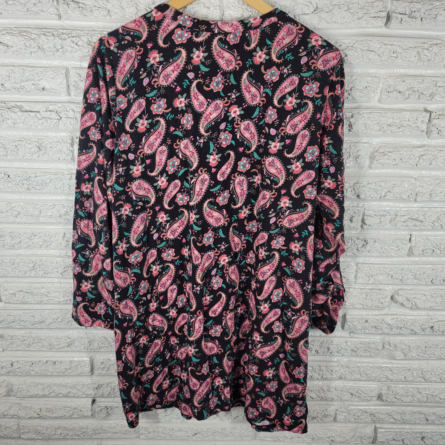 Lands End 1X Tunic Top Pink Black Paisley Cotton V-Neck Long Sleeve PAI9E