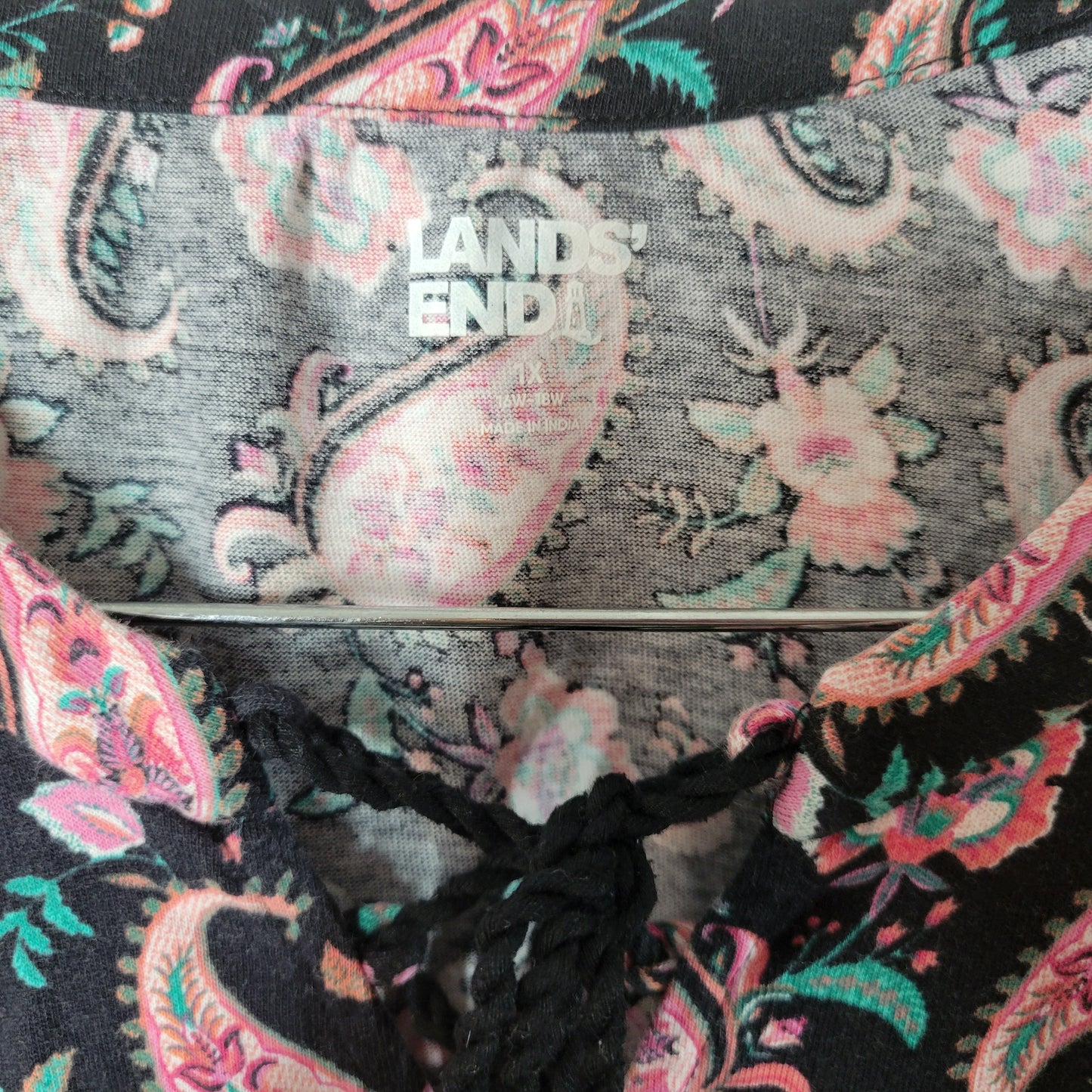 Lands End 1X Tunic Top Pink Black Paisley Cotton V-Neck Long Sleeve PAI9E