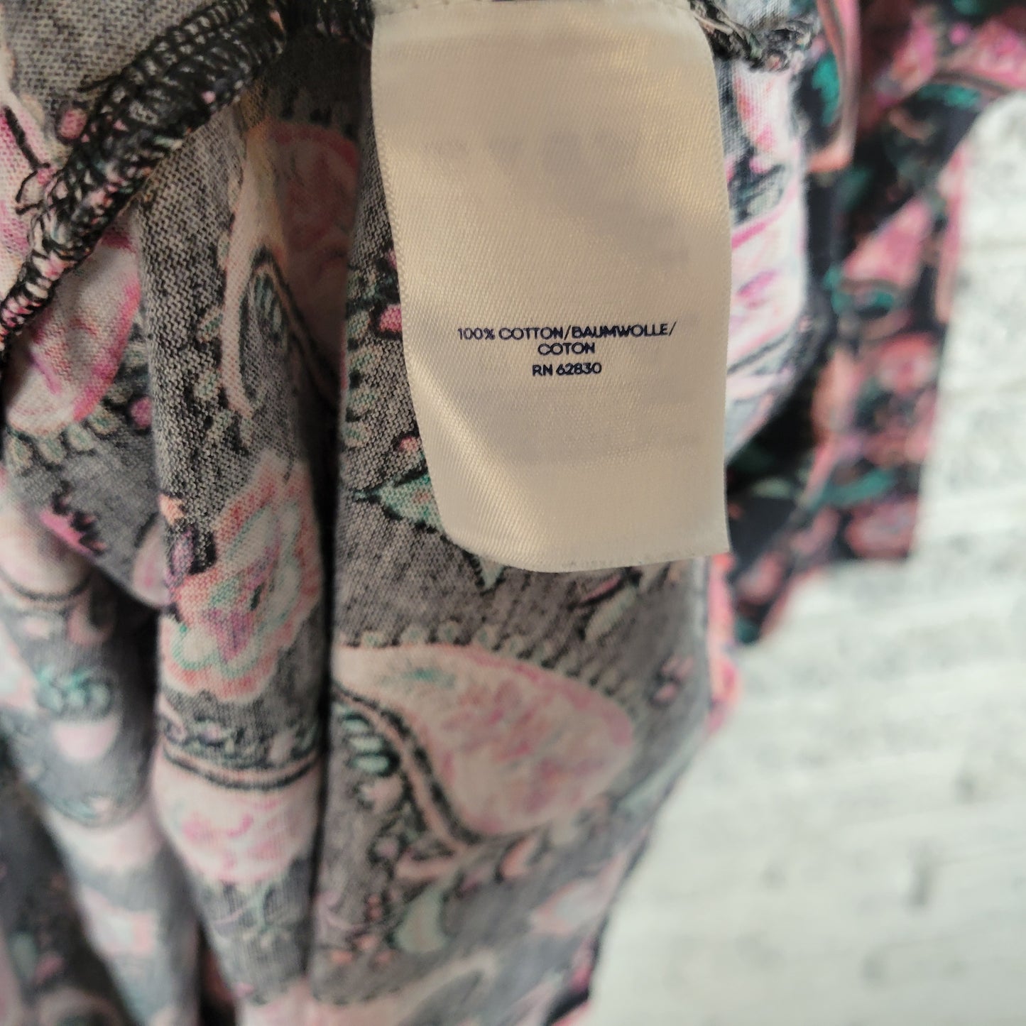 Lands End 1X Tunic Top Pink Black Paisley Cotton V-Neck Long Sleeve PAI9E