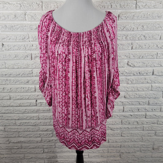 Terra Sky Blouse 1X Womens Plus Pink Geometric Boho Rayon Trumpet Sleeve GEO189E