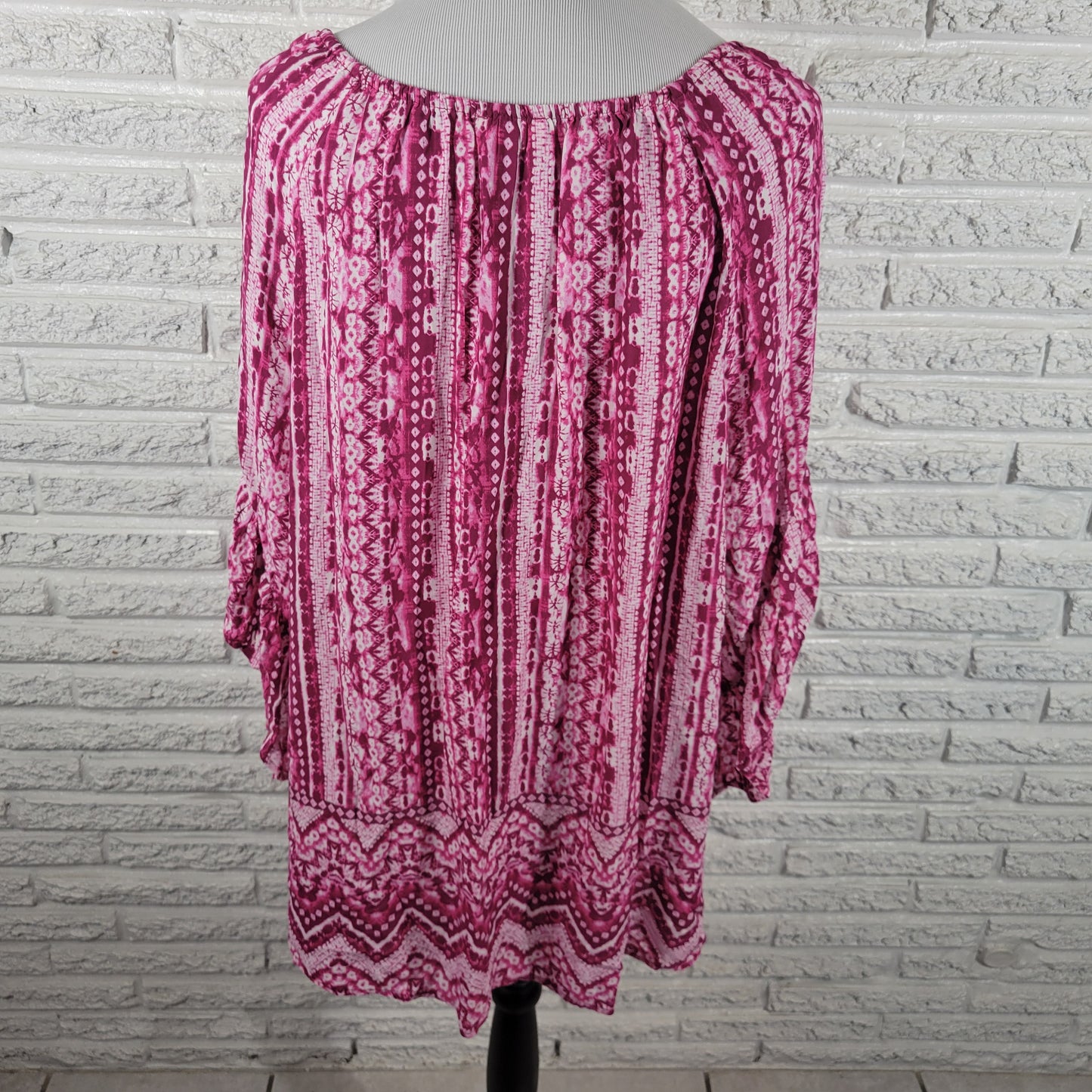 Terra Sky Blouse 1X Womens Plus Pink Geometric Boho Rayon Trumpet Sleeve GEO189E