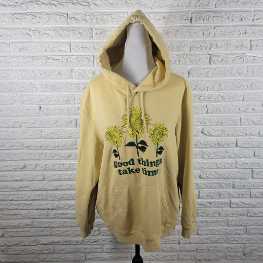 HM Hoodie Sweatshirt XL Womens Yellow Sunflower Embroidered Pullover Top SWE181E