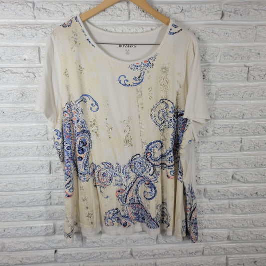 Roamans Women Plus 2X Paisley T-Shirt Short Sleeve Cotton Blend PAI57E