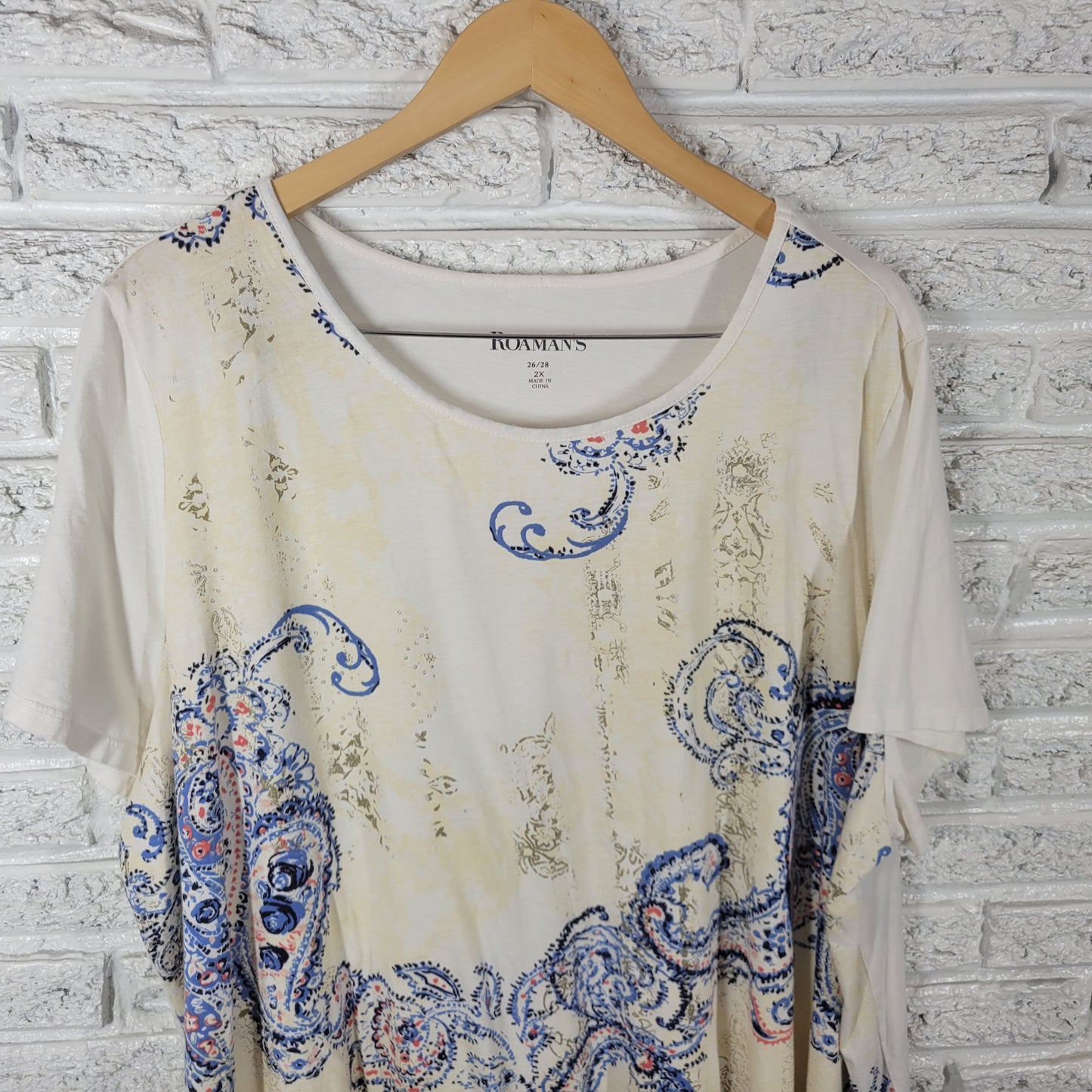 Roamans Women Plus 2X Paisley T-Shirt Short Sleeve Cotton Blend PAI57E