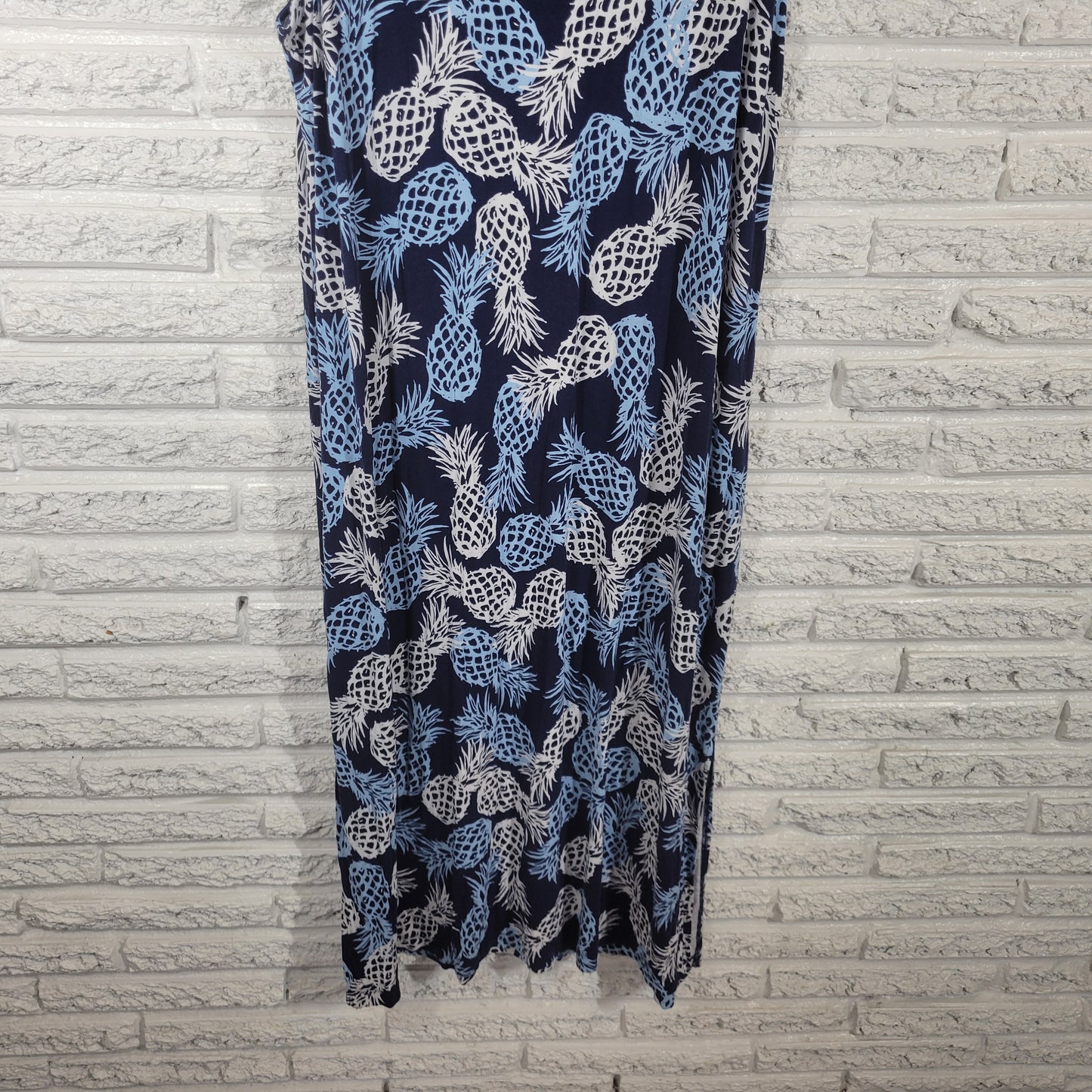 St. John's Bay Women Plus 1X Blue Pineapple Tank Dress V-Neck Knee Casual D11E