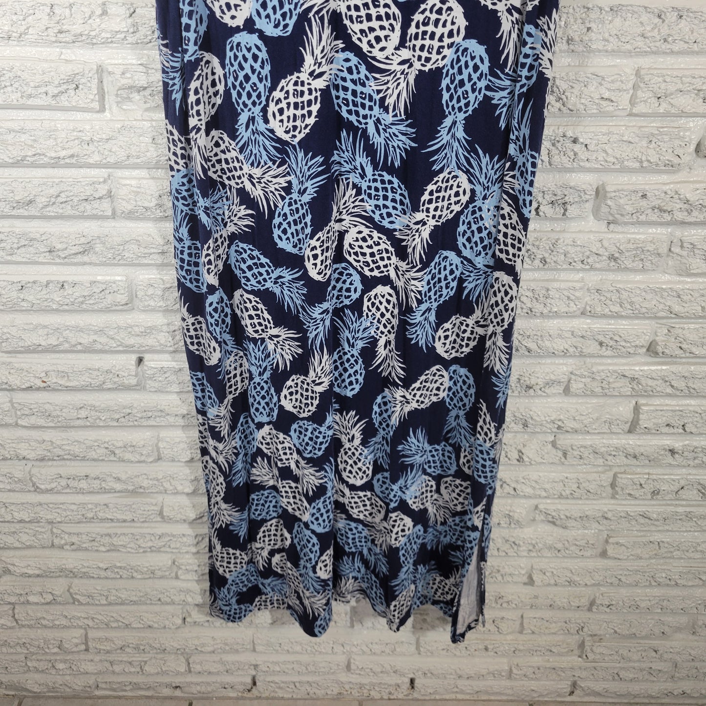 St. John's Bay Women Plus 1X Blue Pineapple Tank Dress V-Neck Knee Casual D11E