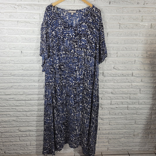 Woman Within Plus 5X Blue Leaf Shirt Dress Cap Sleeve Boat Neck Rayon D10E