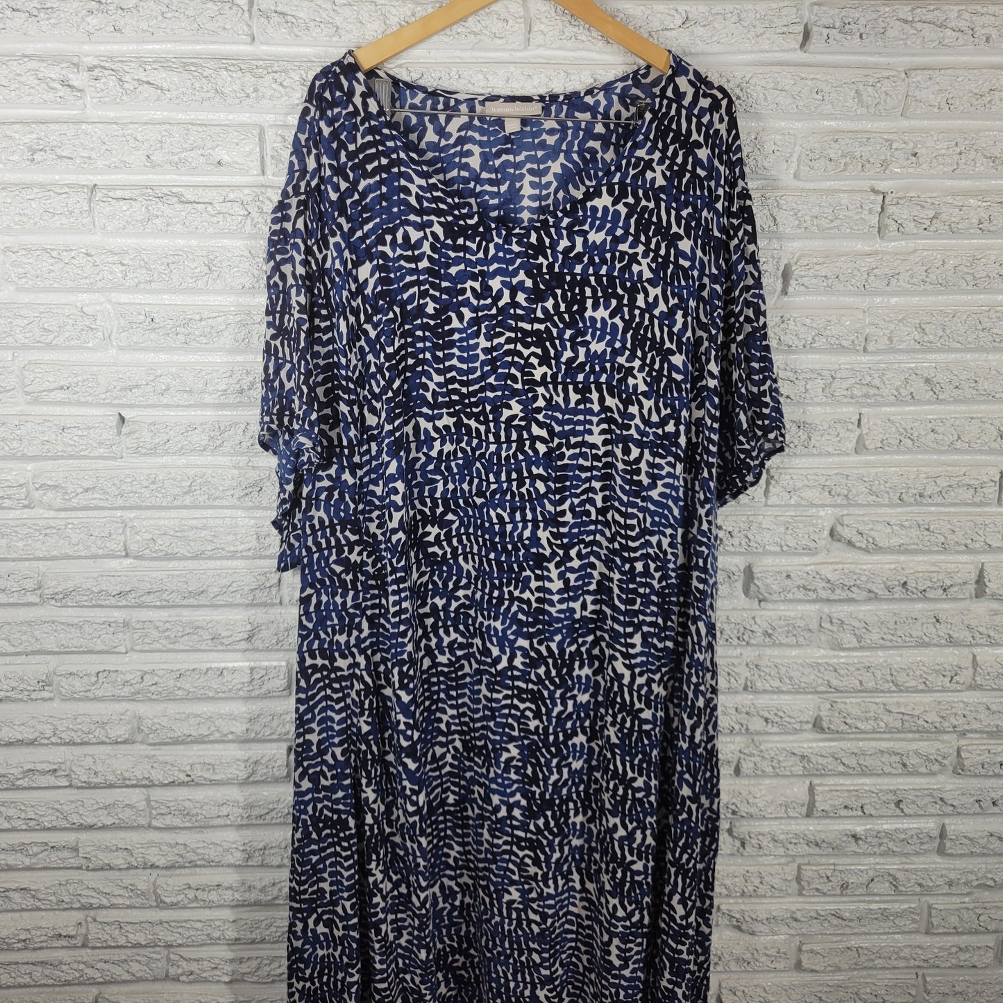 Woman Within Plus 5X Blue Leaf Shirt Dress Cap Sleeve Boat Neck Rayon D10E