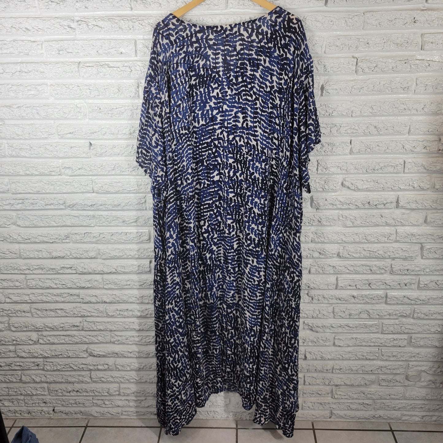 Woman Within Plus 5X Blue Leaf Shirt Dress Cap Sleeve Boat Neck Rayon D10E