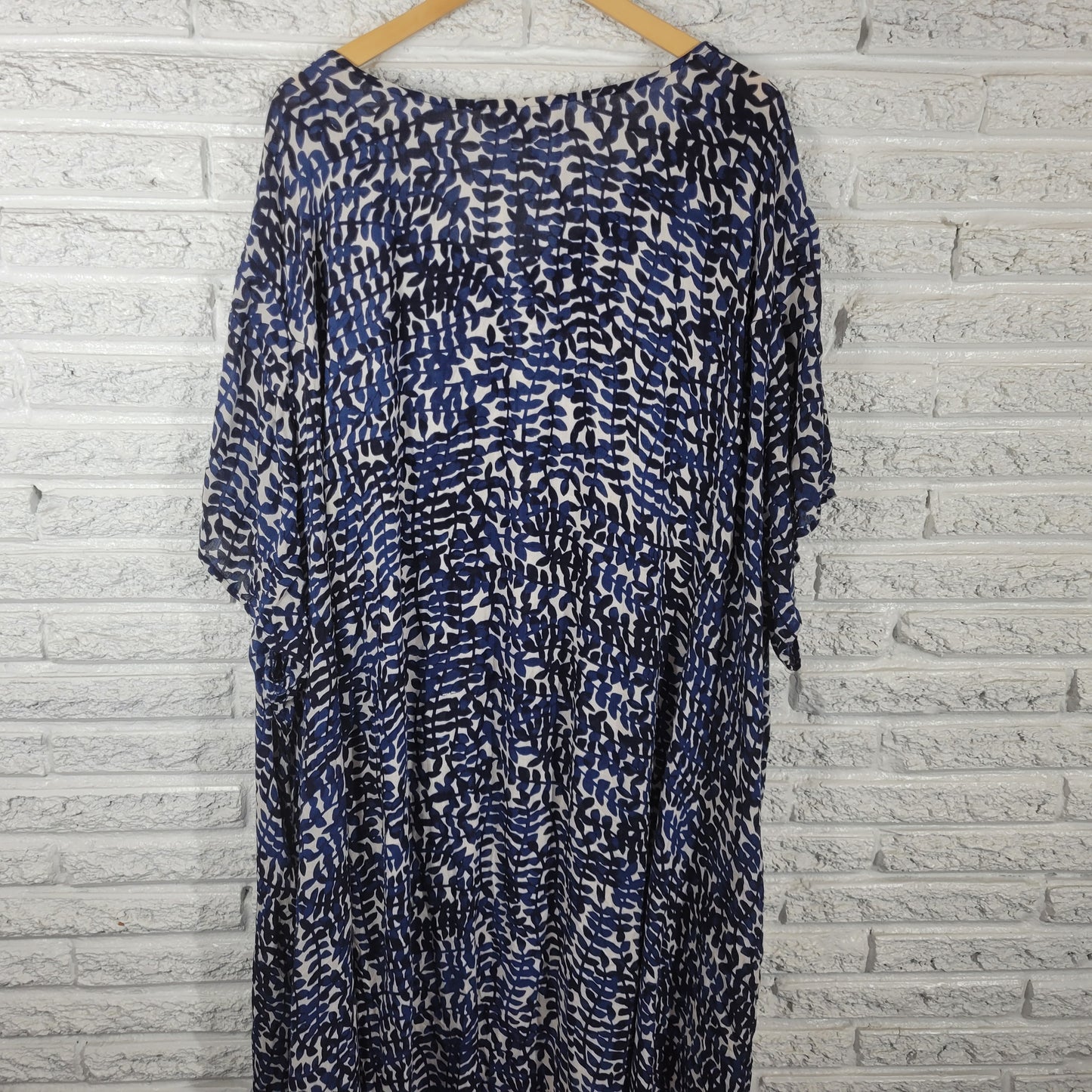 Woman Within Plus 5X Blue Leaf Shirt Dress Cap Sleeve Boat Neck Rayon D10E