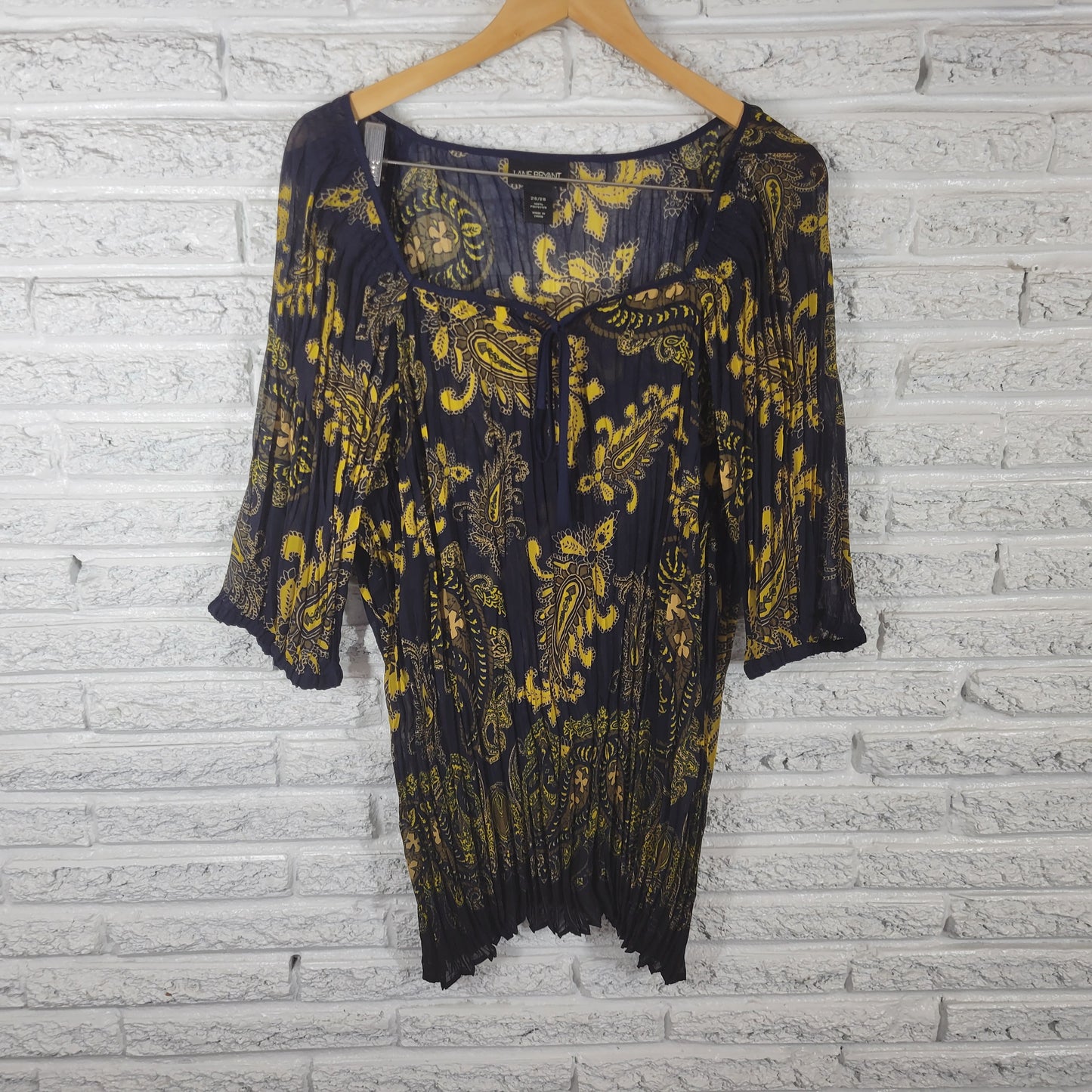 Lane Bryant Plus 26 28 Blue Yellow Paisley Sheer Tunic 3/4 Sleeve Keyhole PAI15E
