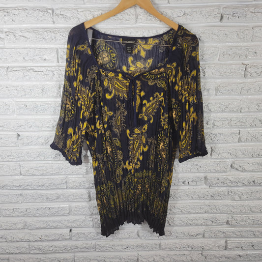 Lane Bryant Plus 26 28 Blue Yellow Paisley Sheer Tunic 3/4 Sleeve Keyhole PAI15E