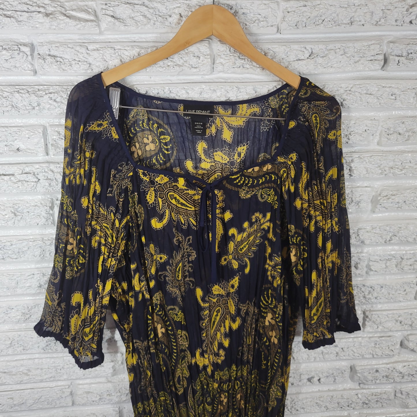 Lane Bryant Plus 26 28 Blue Yellow Paisley Sheer Tunic 3/4 Sleeve Keyhole PAI15E
