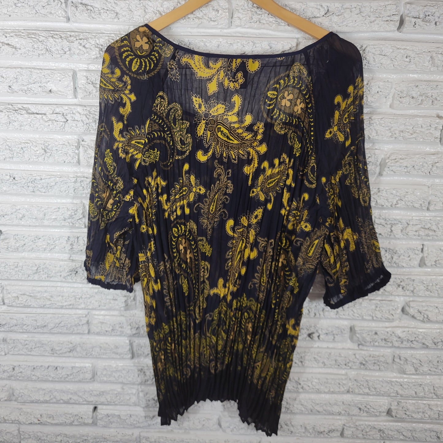 Lane Bryant Plus 26 28 Blue Yellow Paisley Sheer Tunic 3/4 Sleeve Keyhole PAI15E