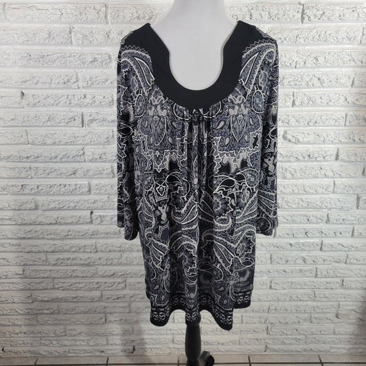 Apt 9 Womens Blouse 1X Black Gray Paisley Tunic Top Long Sleeve Pullover PAI63E