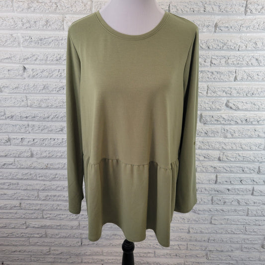 Denim & Co Green Top 1X Plus Size Long Sleeve Crew Neck Pullover Solid GRE43E