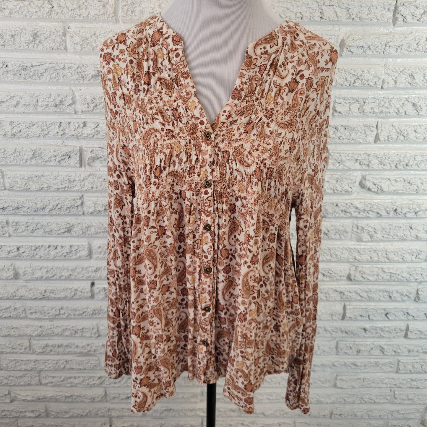 Knox Rose Women XL Brown White Paisley Asymmetric Cinched V-Neck PAI62E
