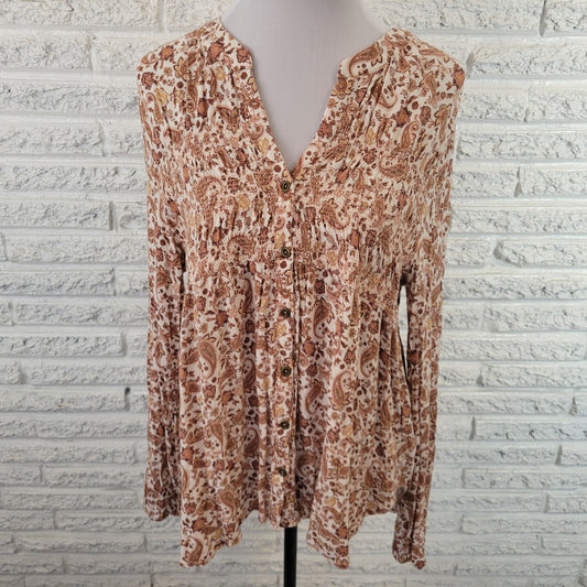 Knox Rose Women XL Brown White Paisley Asymmetric Cinched V-Neck PAI62E