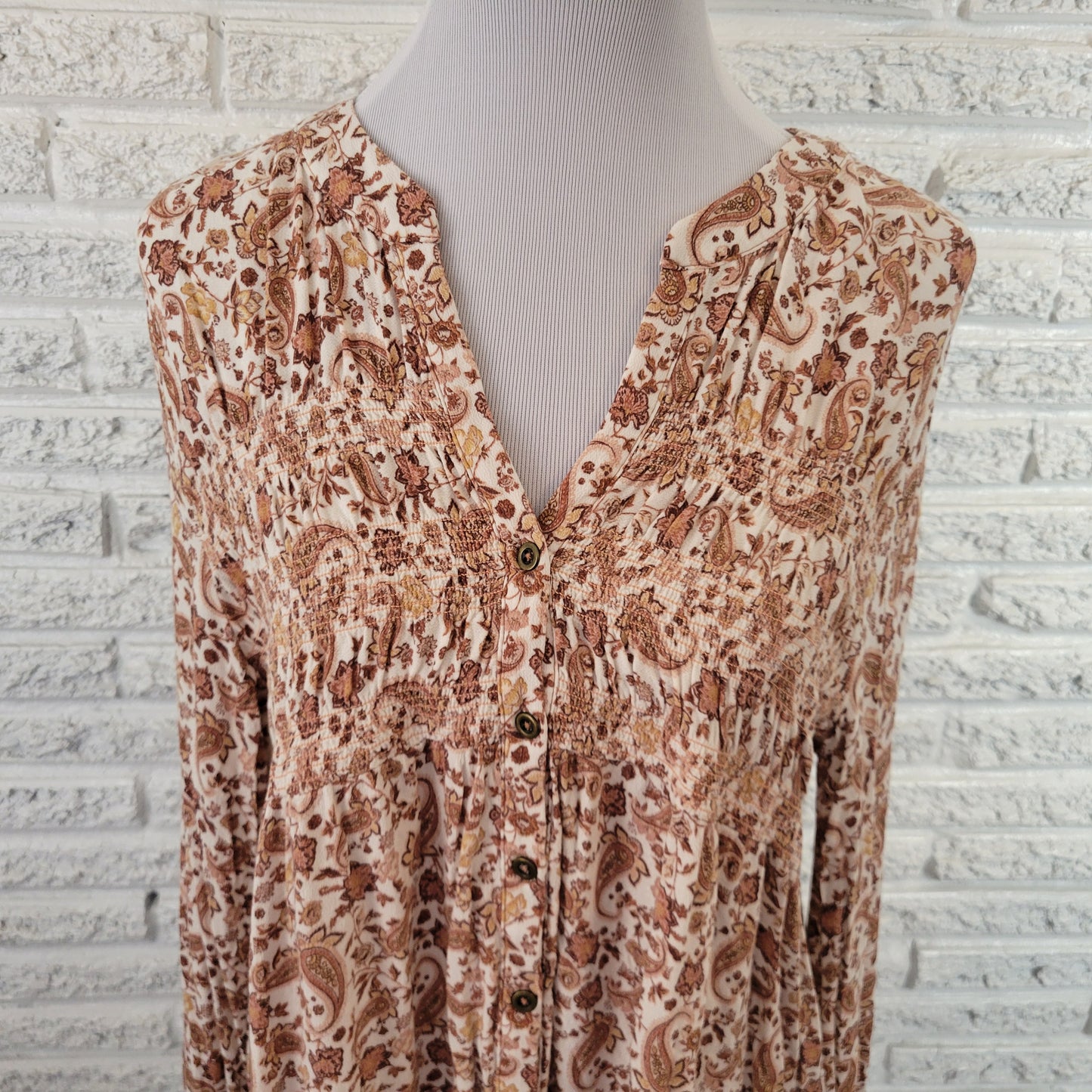 Knox Rose Women XL Brown White Paisley Asymmetric Cinched V-Neck PAI62E