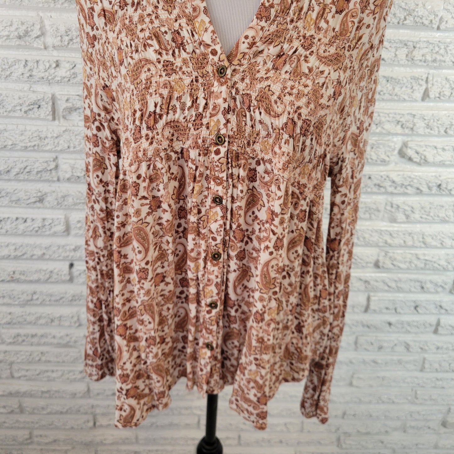 Knox Rose Women XL Brown White Paisley Asymmetric Cinched V-Neck PAI62E