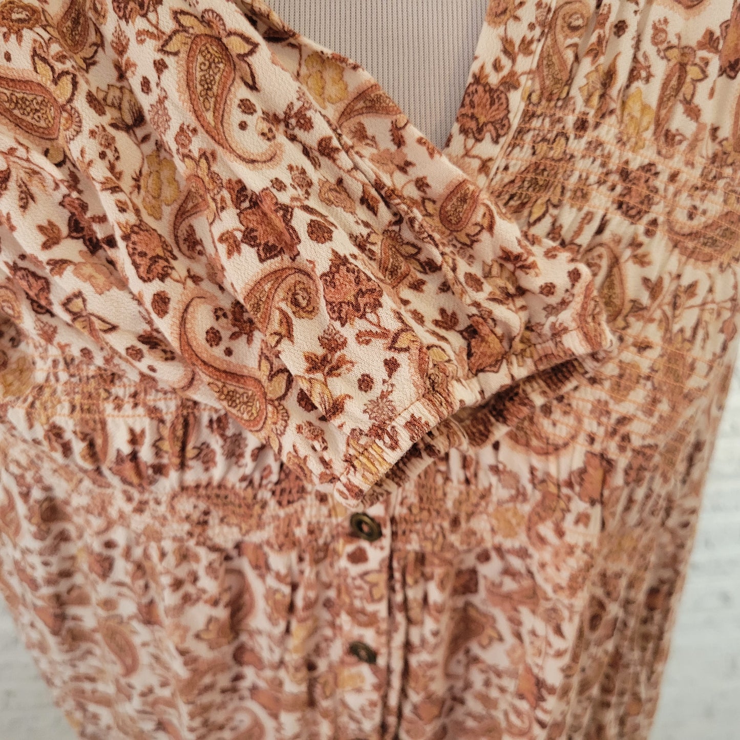 Knox Rose Women XL Brown White Paisley Asymmetric Cinched V-Neck PAI62E