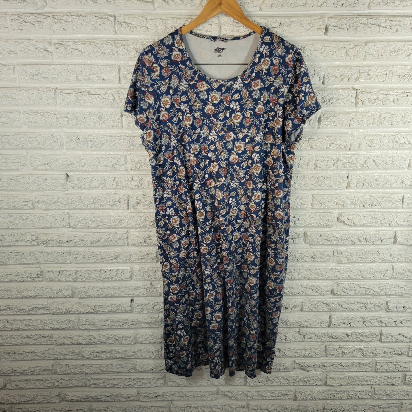 Lands End Womens 1X Blue Floral Dress Cotton Knee Length Short Sleeve FLO104E