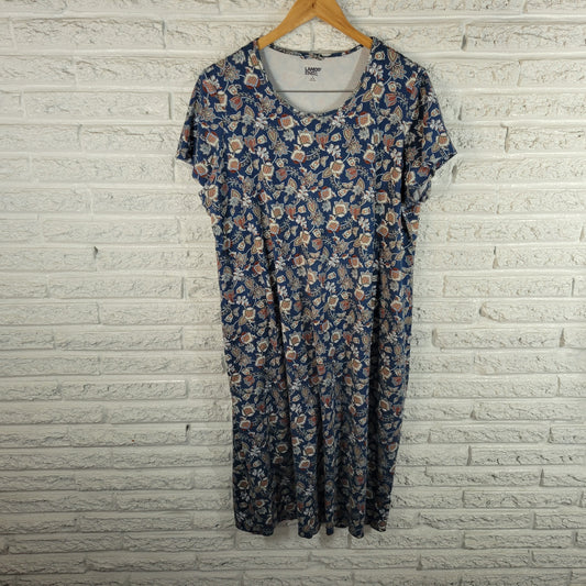 Lands End Womens 1X Blue Floral Dress Cotton Knee Length Short Sleeve FLO104E
