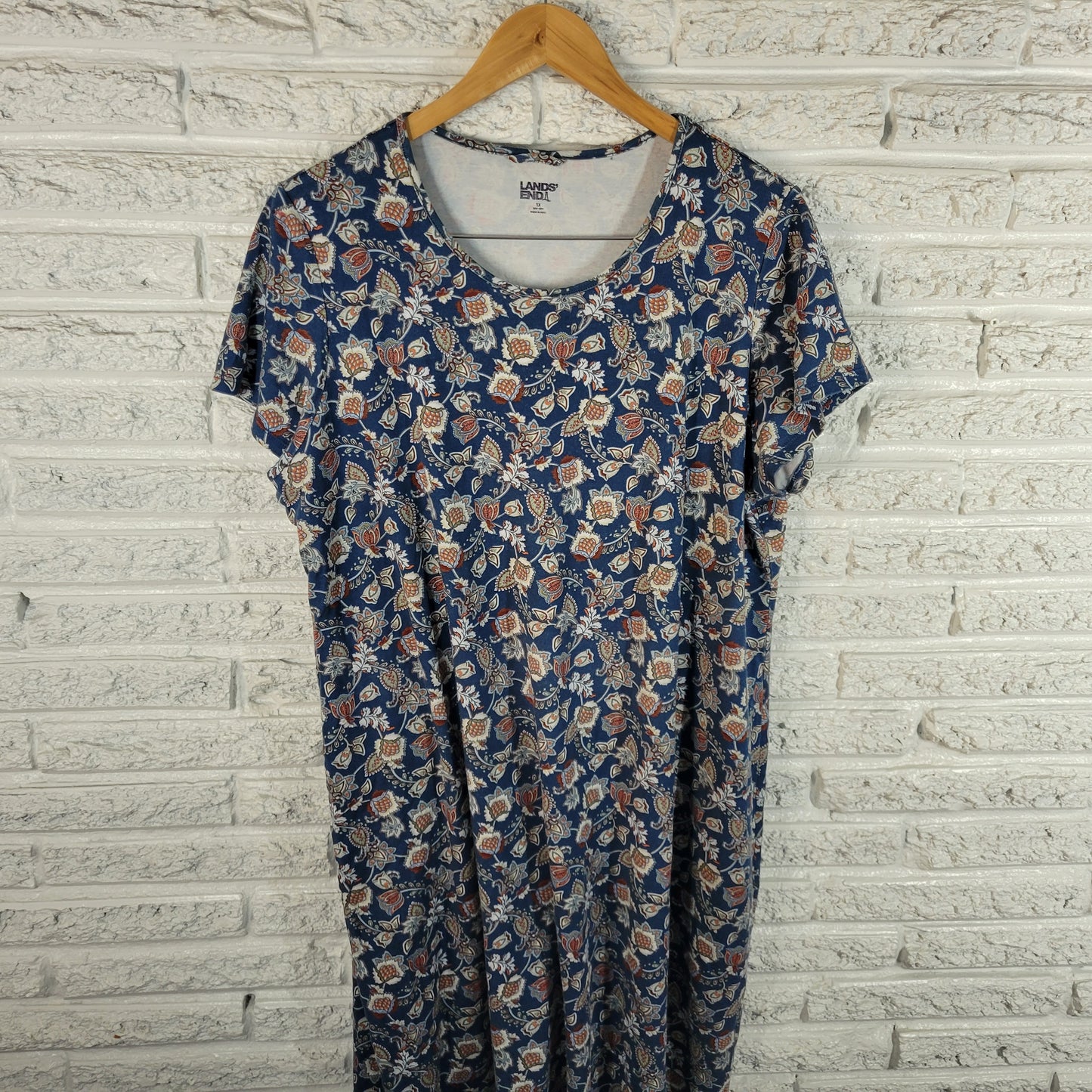 Lands End Womens 1X Blue Floral Dress Cotton Knee Length Short Sleeve FLO104E