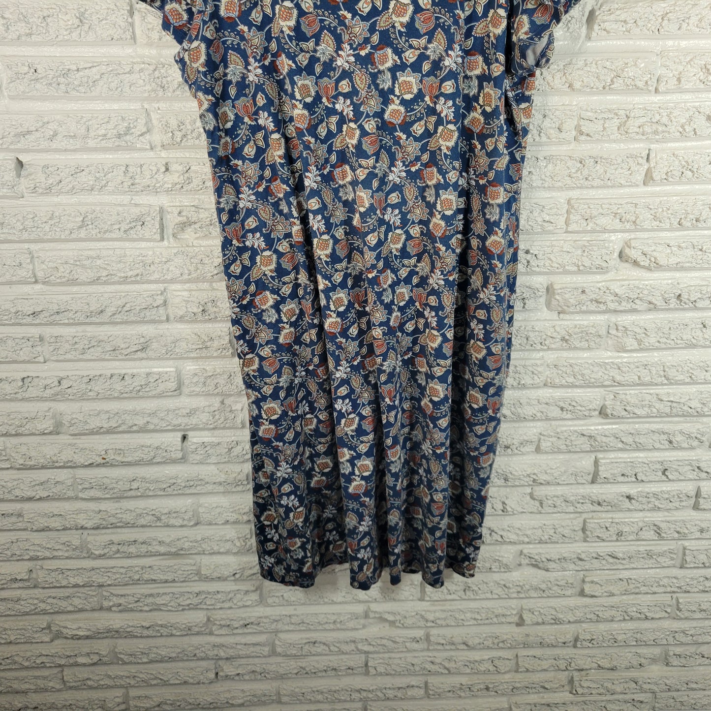 Lands End Womens 1X Blue Floral Dress Cotton Knee Length Short Sleeve FLO104E