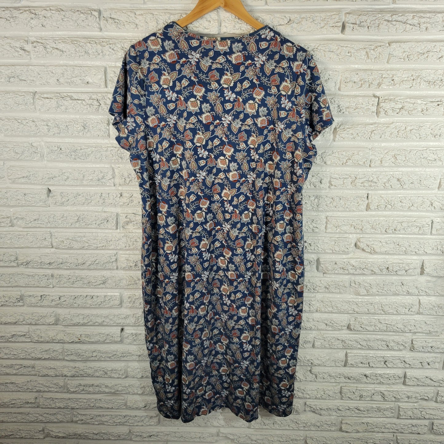 Lands End Womens 1X Blue Floral Dress Cotton Knee Length Short Sleeve FLO104E