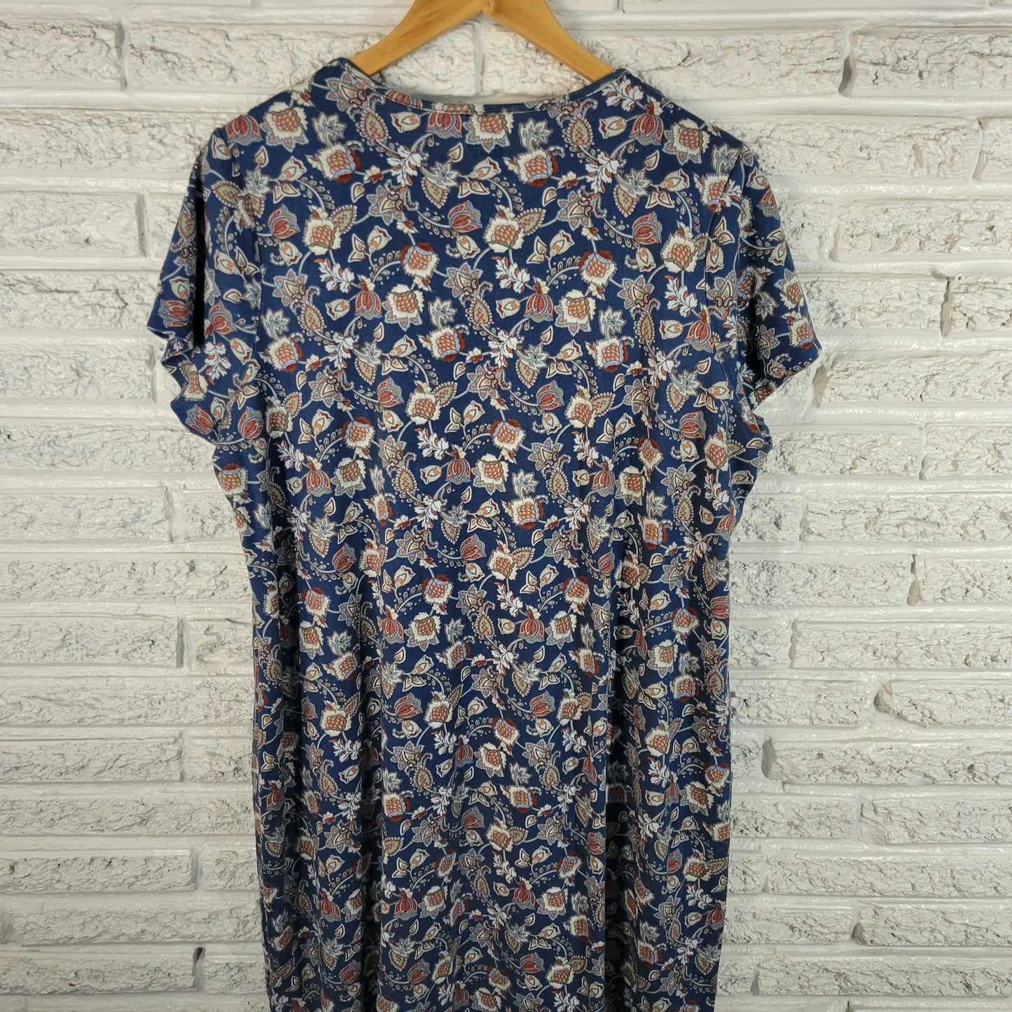 Lands End Womens 1X Blue Floral Dress Cotton Knee Length Short Sleeve FLO104E