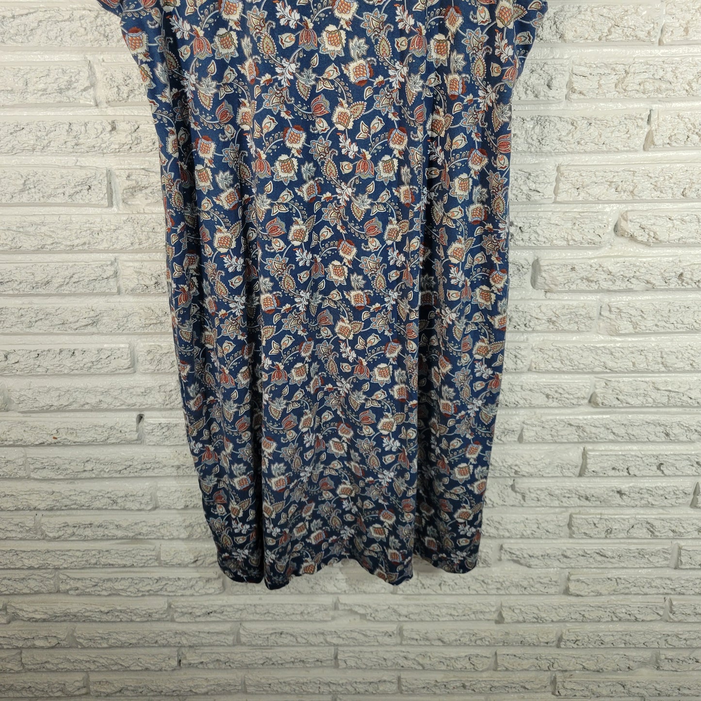 Lands End Womens 1X Blue Floral Dress Cotton Knee Length Short Sleeve FLO104E