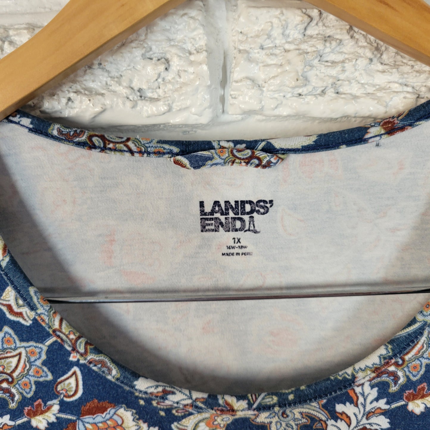 Lands End Womens 1X Blue Floral Dress Cotton Knee Length Short Sleeve FLO104E