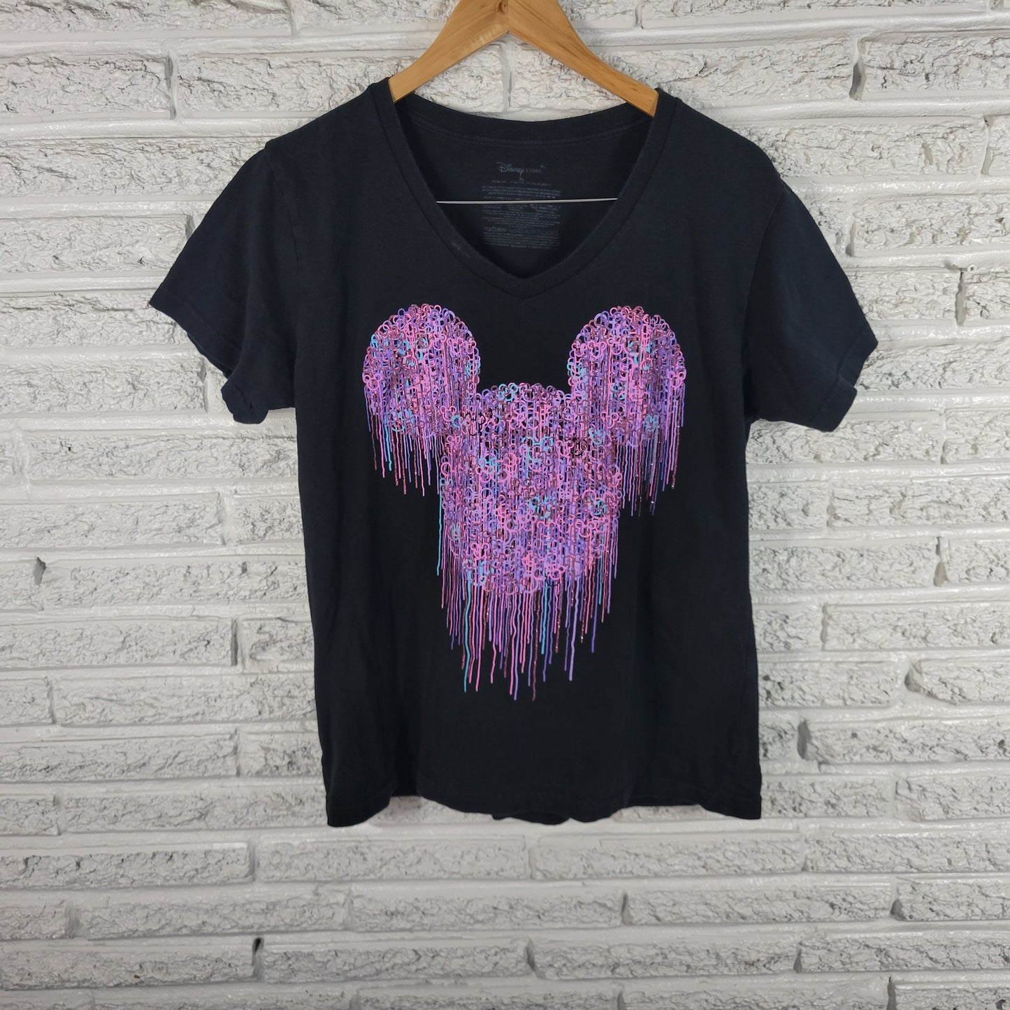 Disney Womens XL Mickey Mouse Graphic Tee Black Glitter V Neck Cotton NOV101E