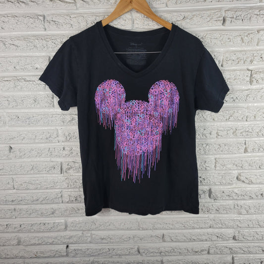 Disney Womens XL Mickey Mouse Graphic Tee Black Glitter V Neck Cotton NOV101E