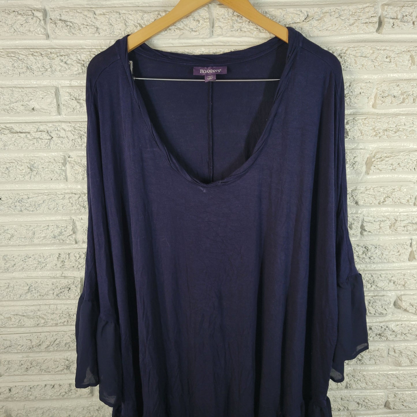 Roamans Womens 4X Plus Blue Dress Boat Neck 3/4 Bell Sleeve Chiffon BLU52E